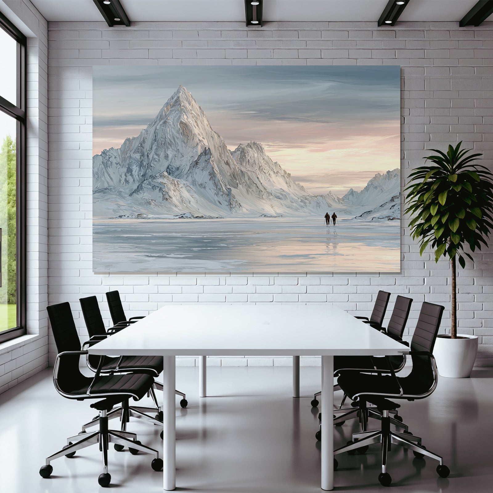 Winterlandschaft Mit Zwei Personen Auf Gefrorenem See Vor Verschneiten Bergen