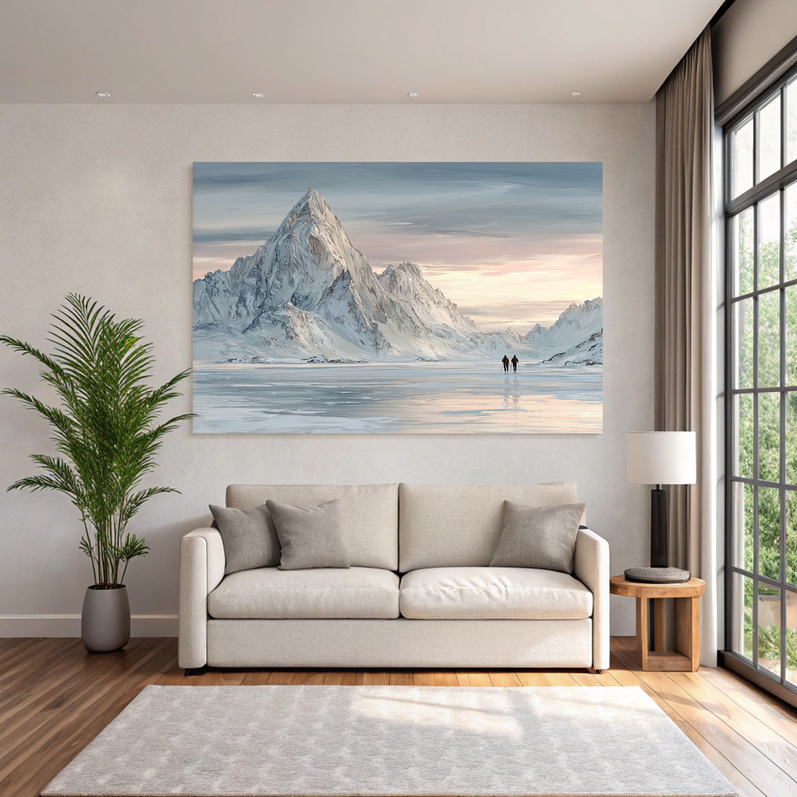 Winterlandschaft Mit Zwei Personen Auf Gefrorenem See Vor Verschneiten Bergen