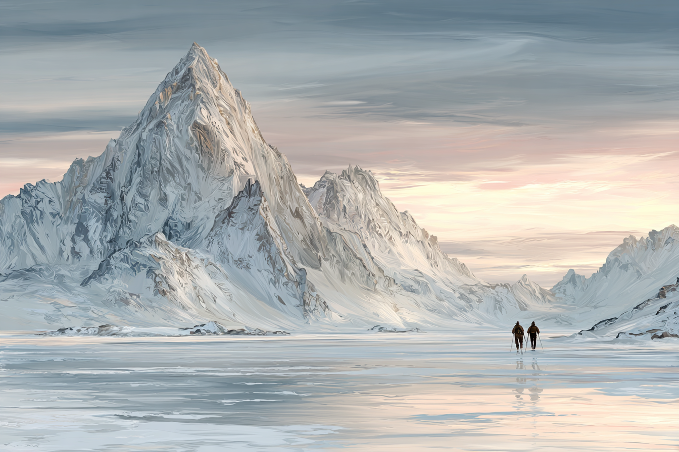 Winterlandschaft Mit Zwei Personen Auf Gefrorenem See Vor Verschneiten Bergen | Eis und Schnee | Natur