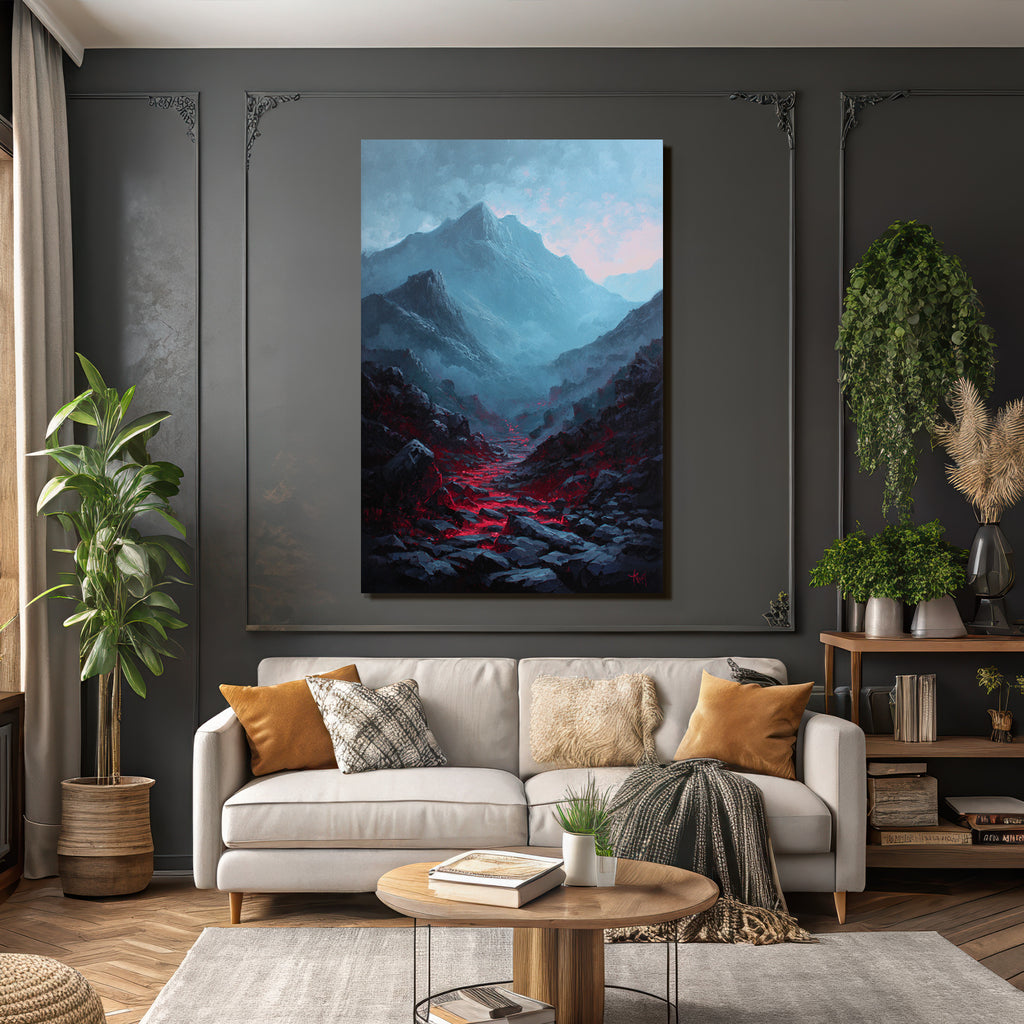 Dramatische Fantasielandschaft Mit Gluhender Lava Im Frostigen Gebirgstal