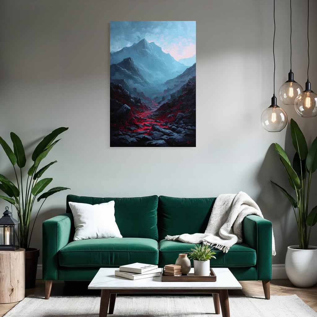 Dramatische Fantasielandschaft Mit Gluhender Lava Im Frostigen Gebirgstal