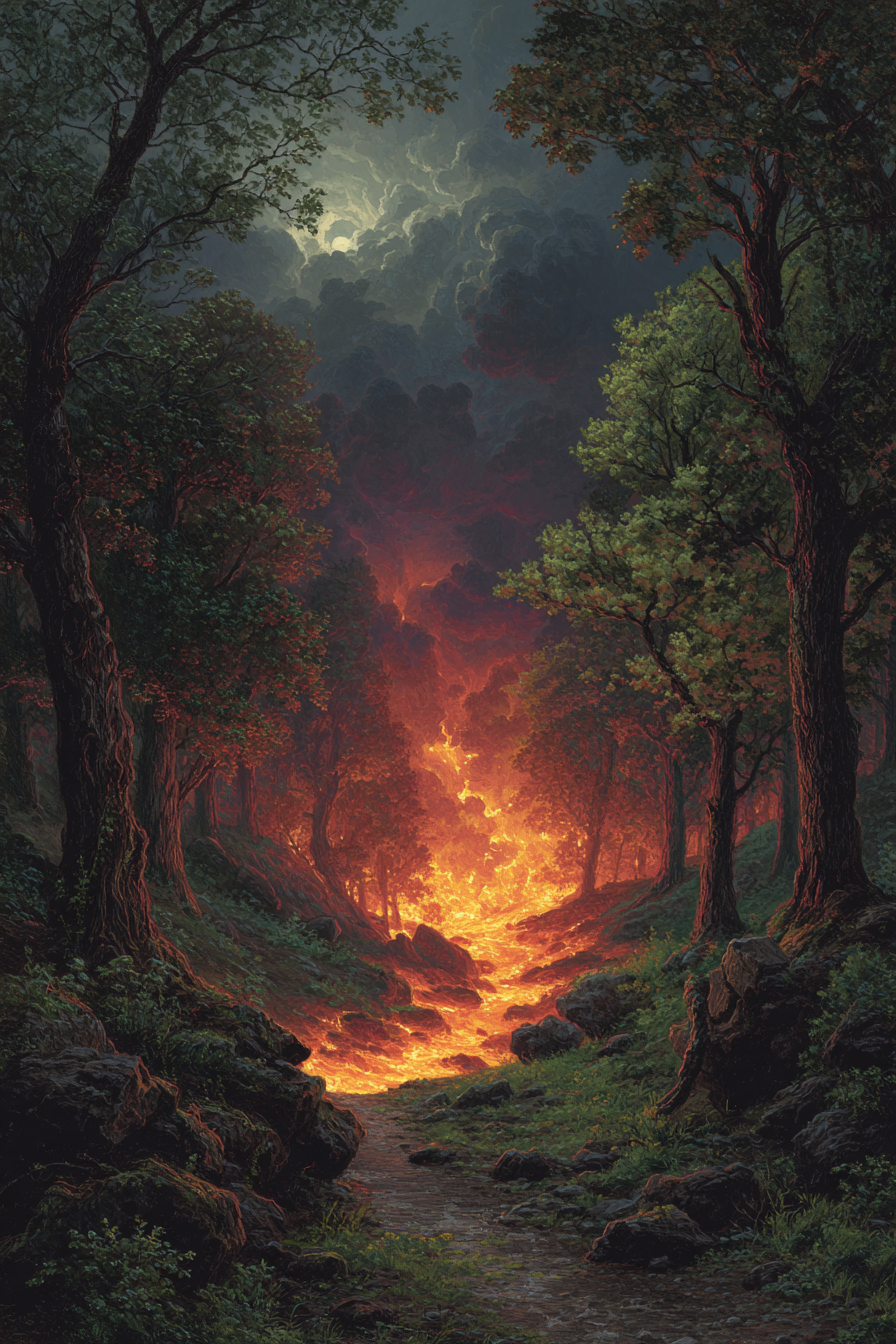 Dramatischer Waldweg Mit Lavastrom | Feuer und Vulkane | Natur