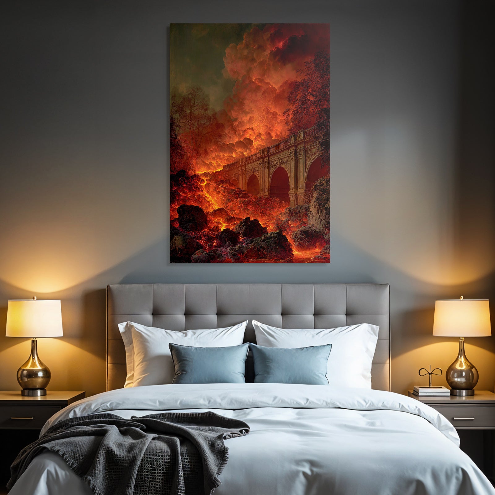 Feurige Landschaft Mit Lavafluss Und Prächtiger Brücke