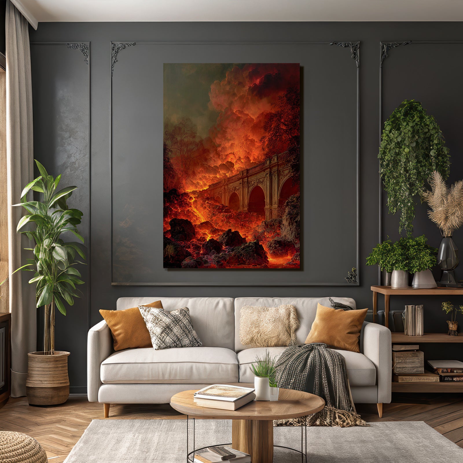 Feurige Landschaft Mit Lavafluss Und Prächtiger Brücke