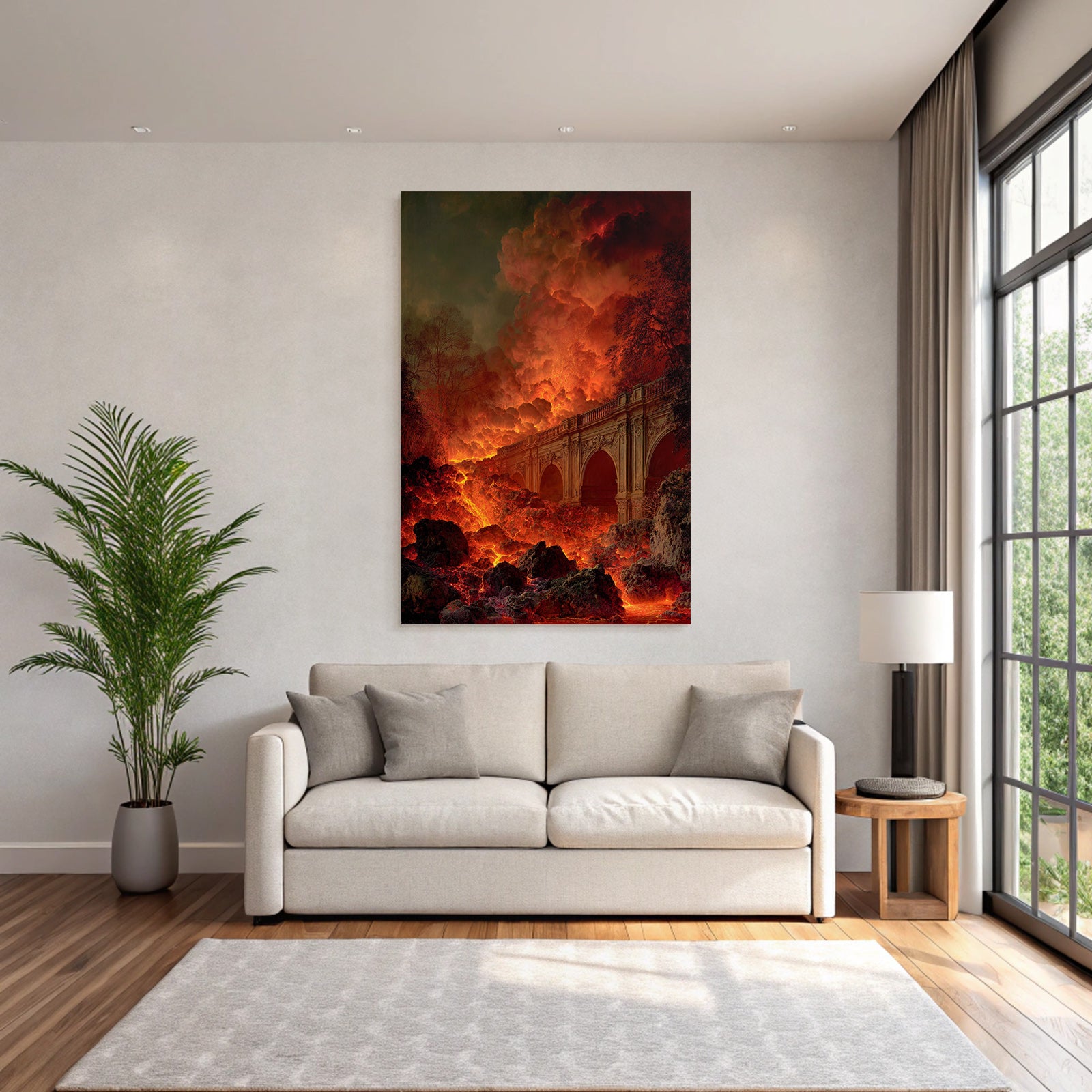 Feurige Landschaft Mit Lavafluss Und Prächtiger Brücke