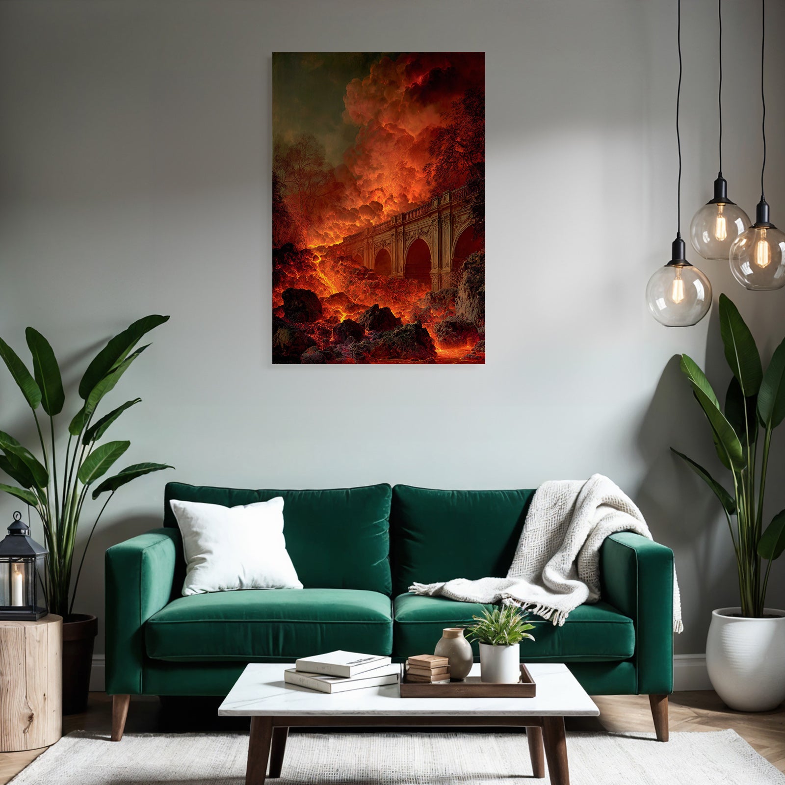 Feurige Landschaft Mit Lavafluss Und Prächtiger Brücke