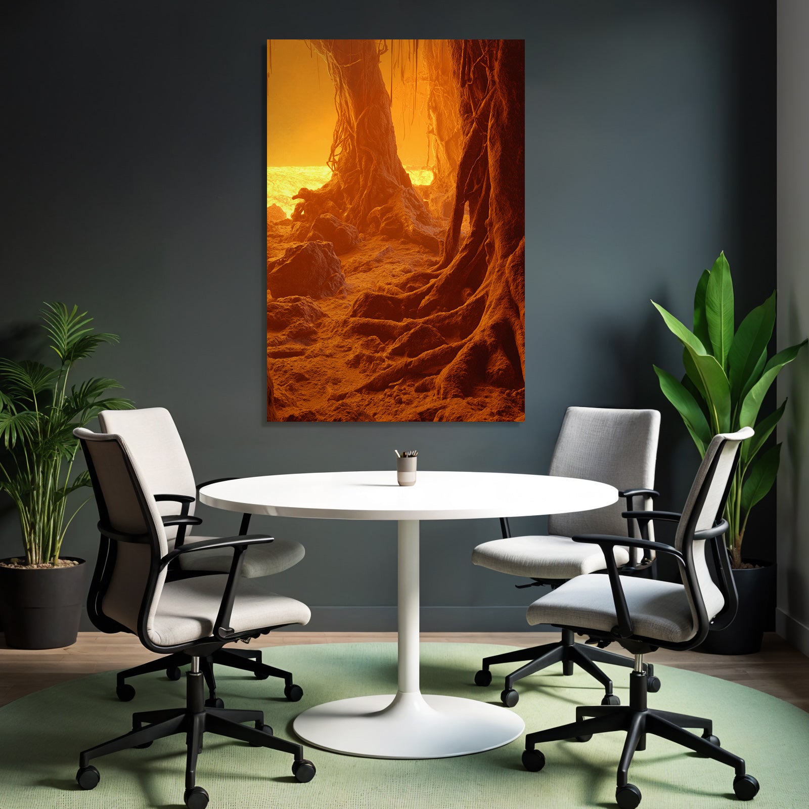 Feurige Surrealistische Landschaft Mit Texturierten Wurzeln