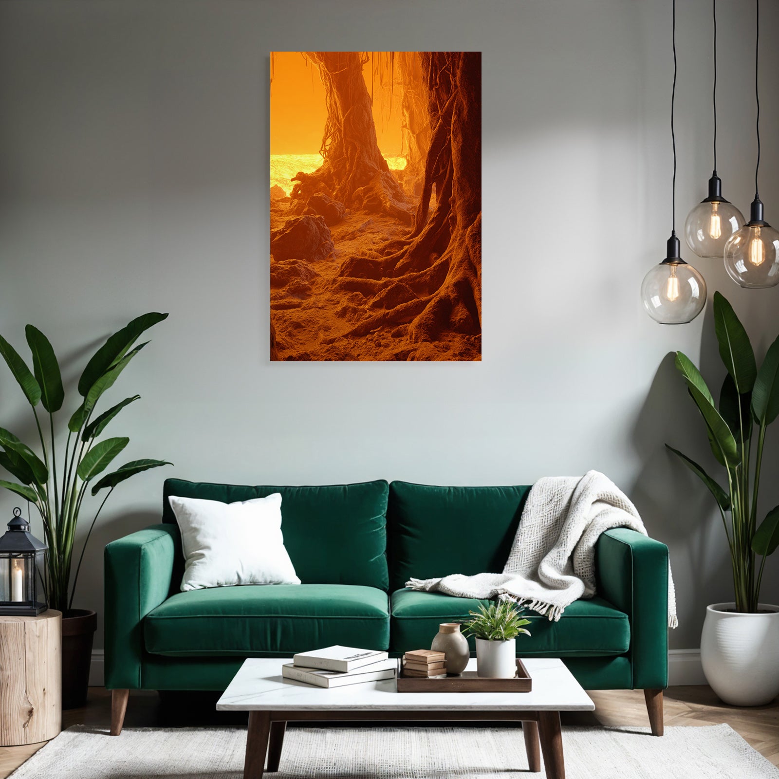 Feurige Surrealistische Landschaft Mit Texturierten Wurzeln