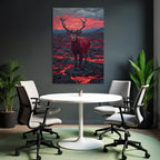 Hirsch In Vulkanlandschaft Mit Bunten Lavastrom Und Abendrot