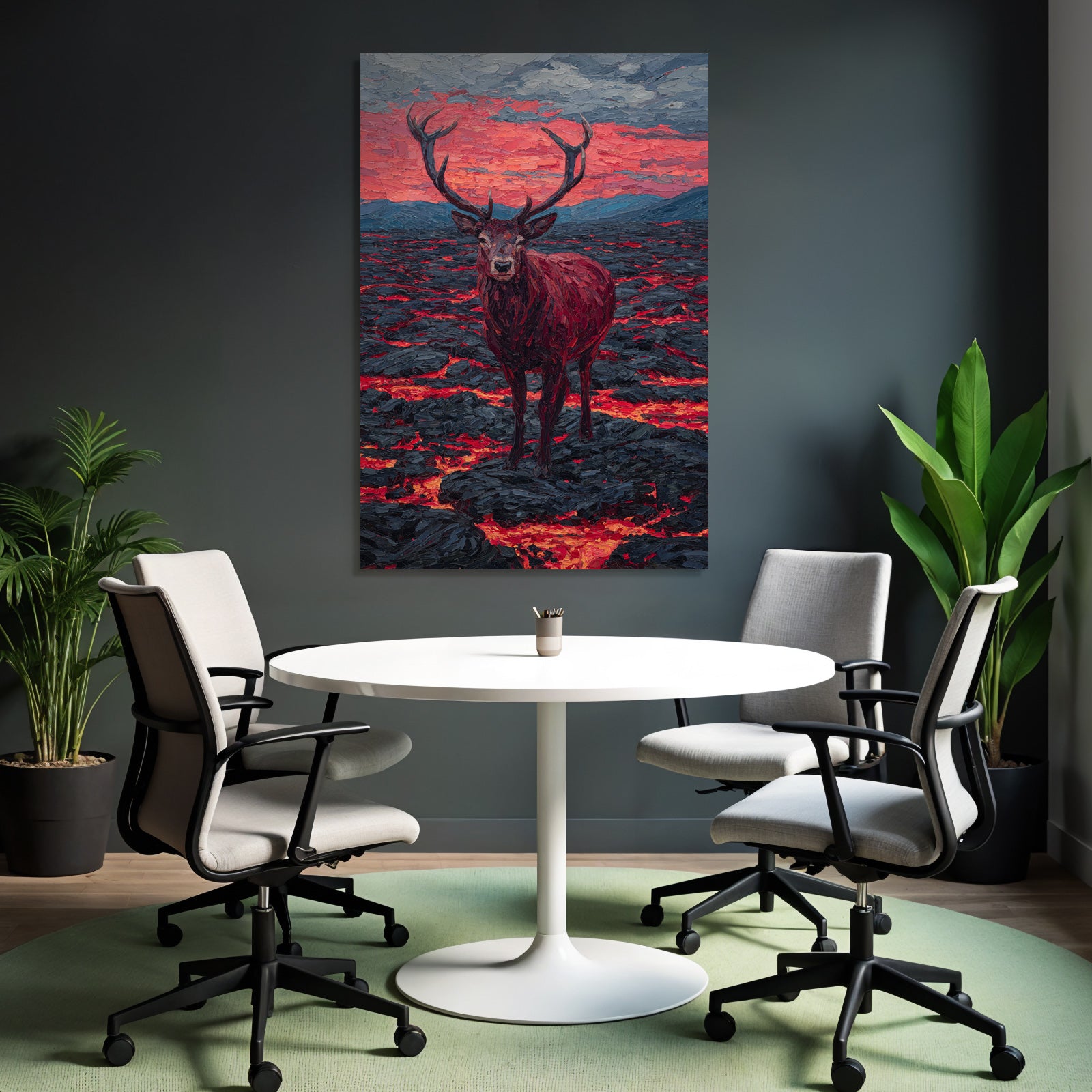 Hirsch In Vulkanlandschaft Mit Bunten Lavastrom Und Abendrot