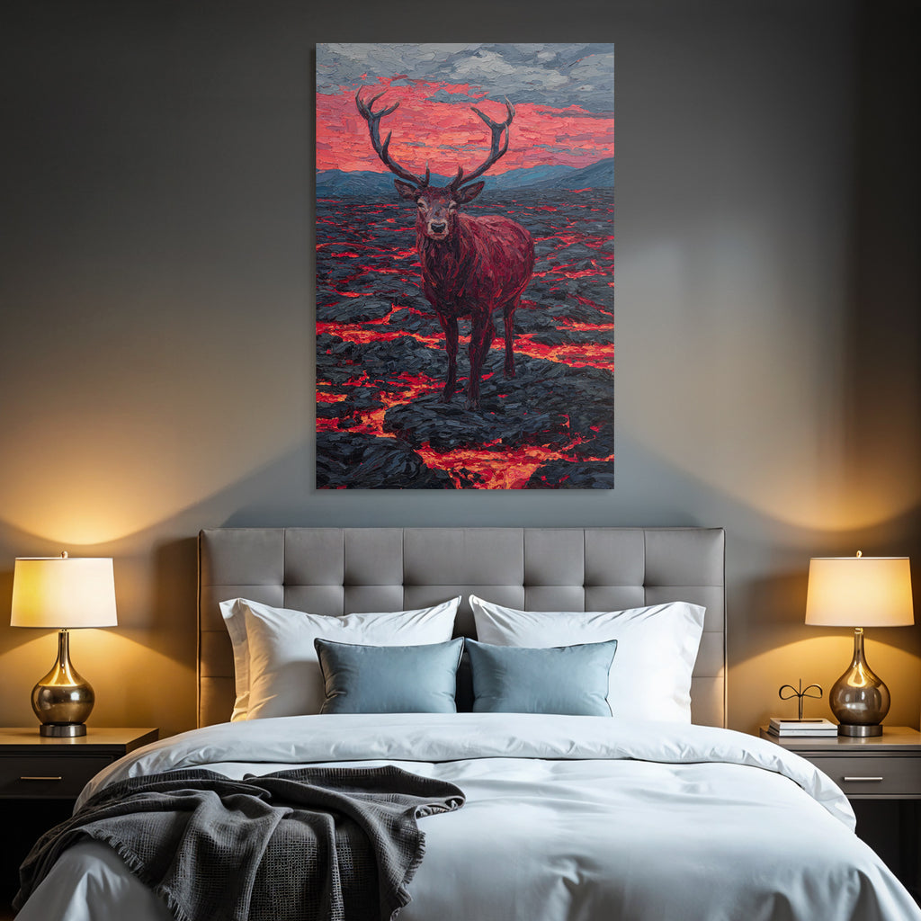 Hirsch In Vulkanlandschaft Mit Bunten Lavastrom Und Abendrot