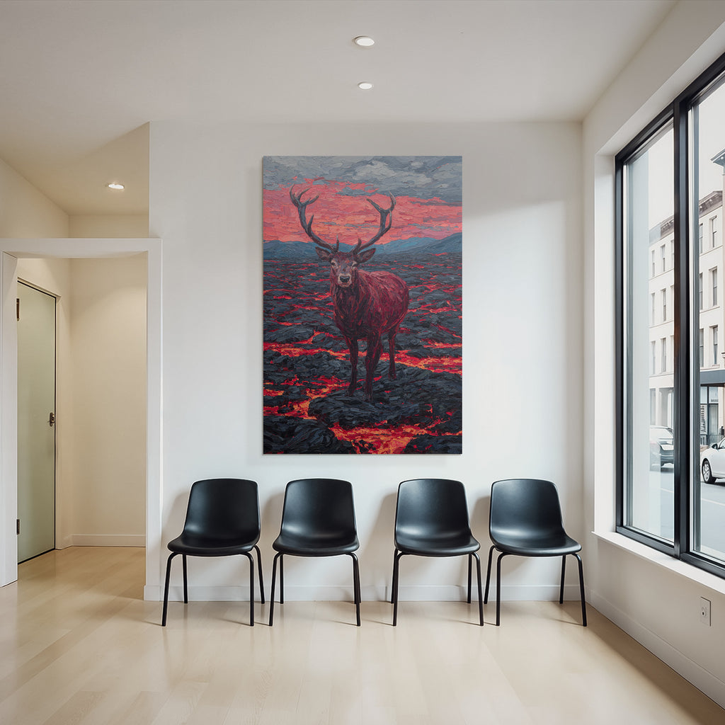 Hirsch In Vulkanlandschaft Mit Bunten Lavastrom Und Abendrot