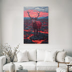 Hirsch In Vulkanlandschaft Mit Bunten Lavastrom Und Abendrot
