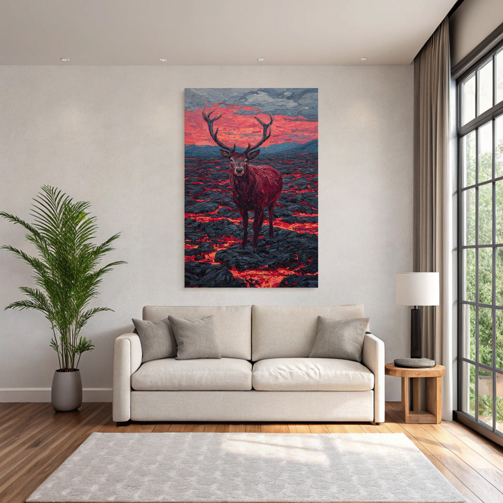 Hirsch In Vulkanlandschaft Mit Bunten Lavastrom Und Abendrot