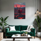 Hirsch In Vulkanlandschaft Mit Bunten Lavastrom Und Abendrot