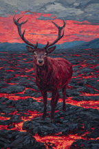 Hirsch In Vulkanlandschaft Mit Bunten Lavastrom Und Abendrot | Feuer und Vulkane | Natur