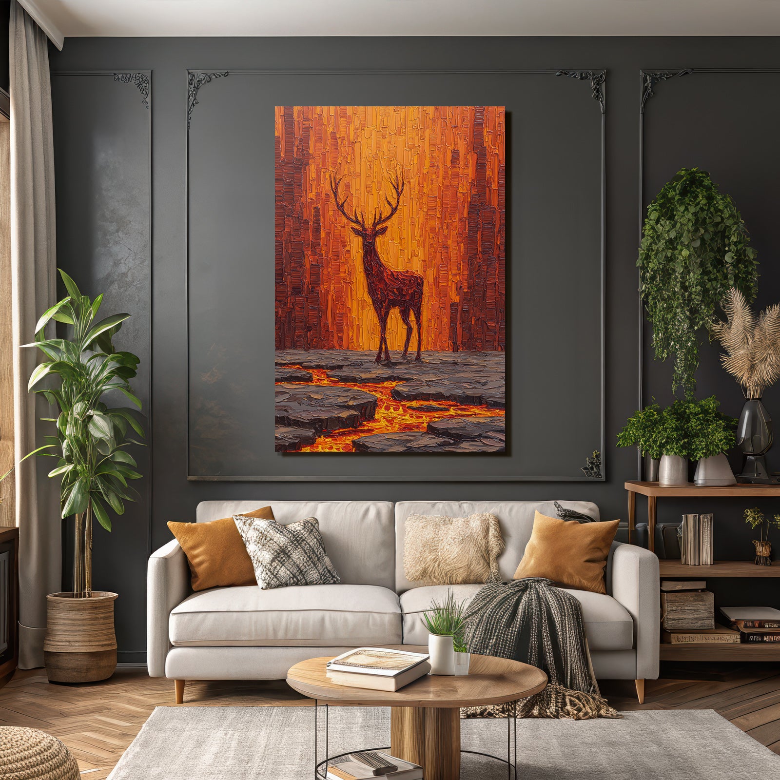 Hirsch Vor Lodernder Vulkanlandschaft