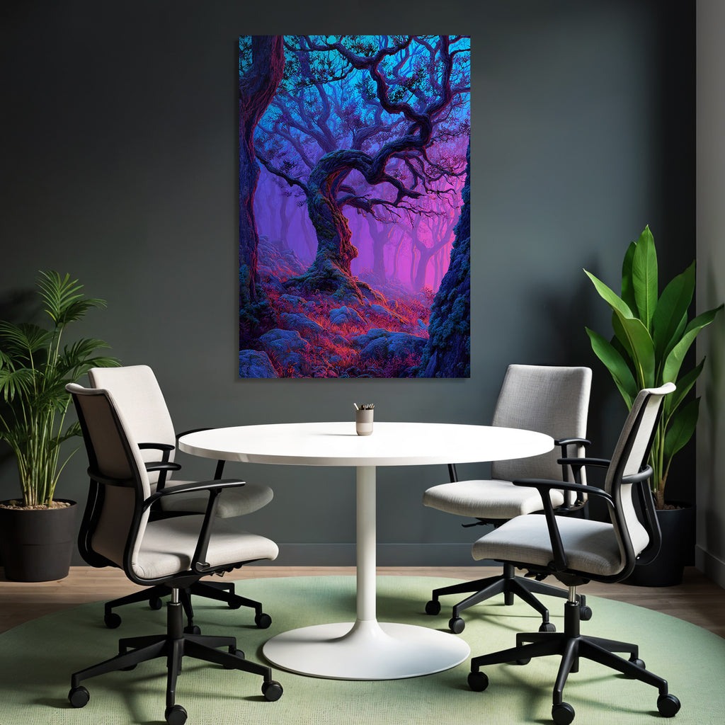 Magischer Wald Mit Verschlungenen Bäumen Bunten Zweigen Violett Blaüm Gradient