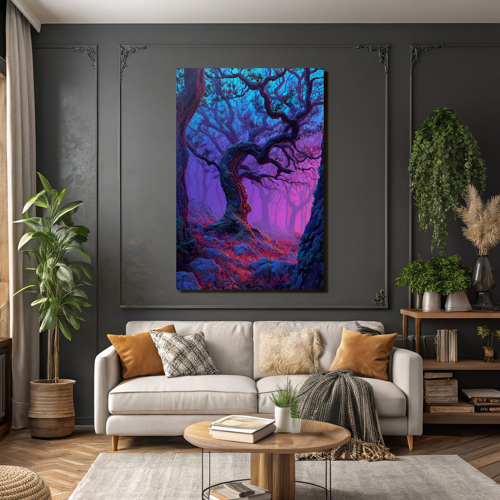 Magischer Wald Mit Verschlungenen Bäumen Bunten Zweigen Violett Blaüm Gradient