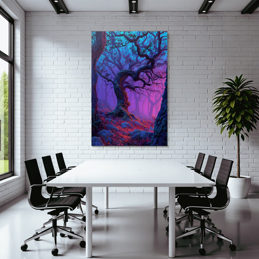 Magischer Wald Mit Verschlungenen Bäumen Bunten Zweigen Violett Blaüm Gradient