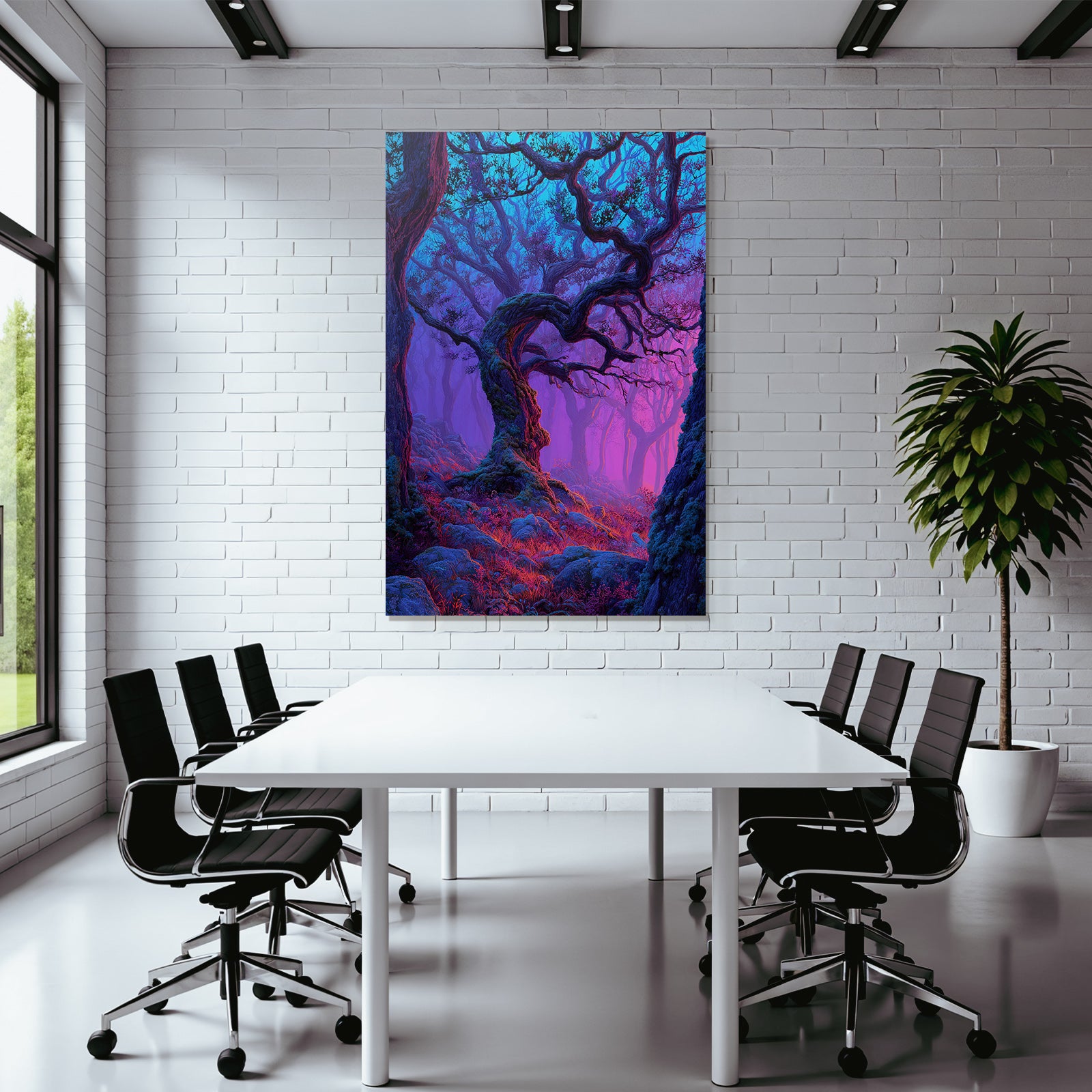 Magischer Wald Mit Verschlungenen Bäumen Bunten Zweigen Violett Blaüm Gradient