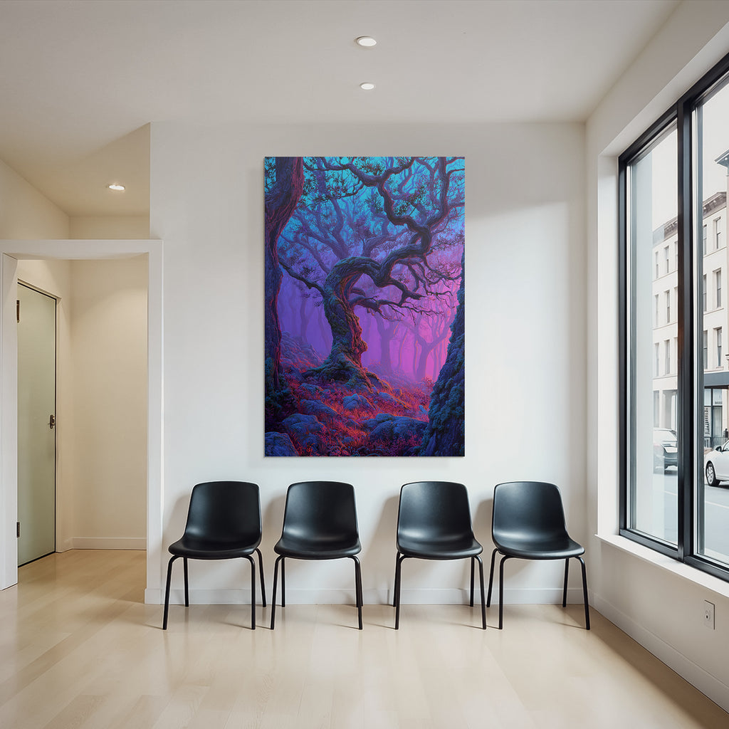 Magischer Wald Mit Verschlungenen Bäumen Bunten Zweigen Violett Blaüm Gradient
