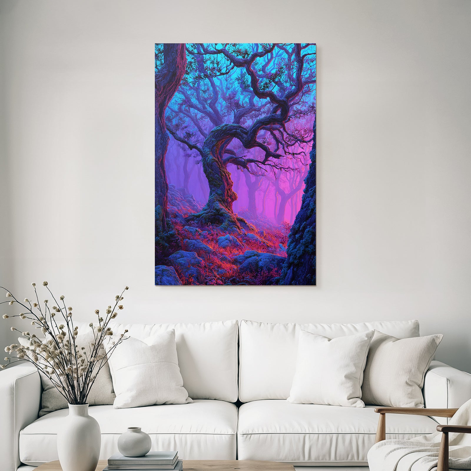 Magischer Wald Mit Verschlungenen Bäumen Bunten Zweigen Violett Blaüm Gradient