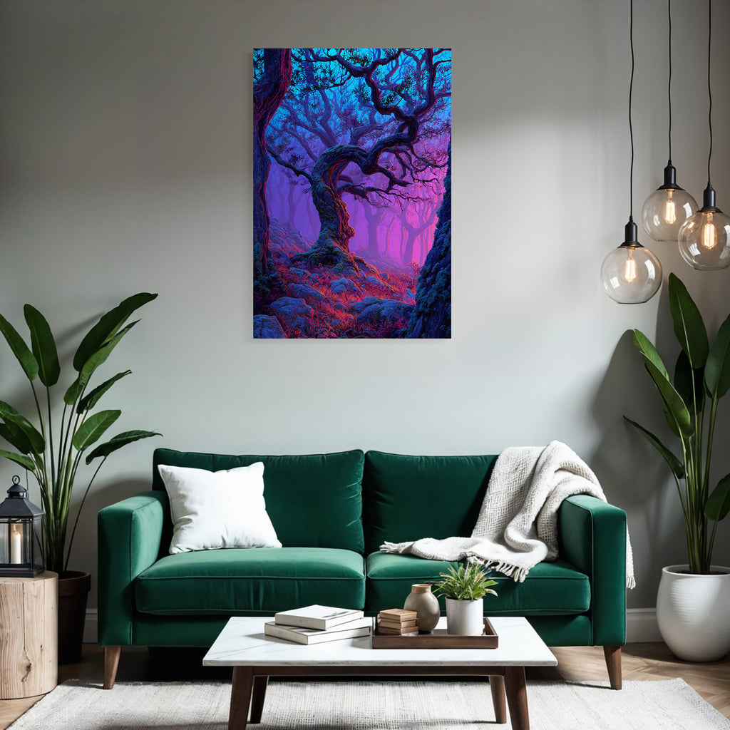 Magischer Wald Mit Verschlungenen Bäumen Bunten Zweigen Violett Blaüm Gradient