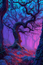 Magischer Wald Mit Verschlungenen Bäumen Bunten Zweigen Violett Blaüm Gradient | Feuer und Vulkane | Natur