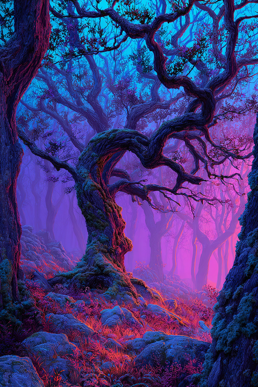 Magischer Wald Mit Verschlungenen Bäumen Bunten Zweigen Violett Blaüm Gradient | Feuer und Vulkane | Natur