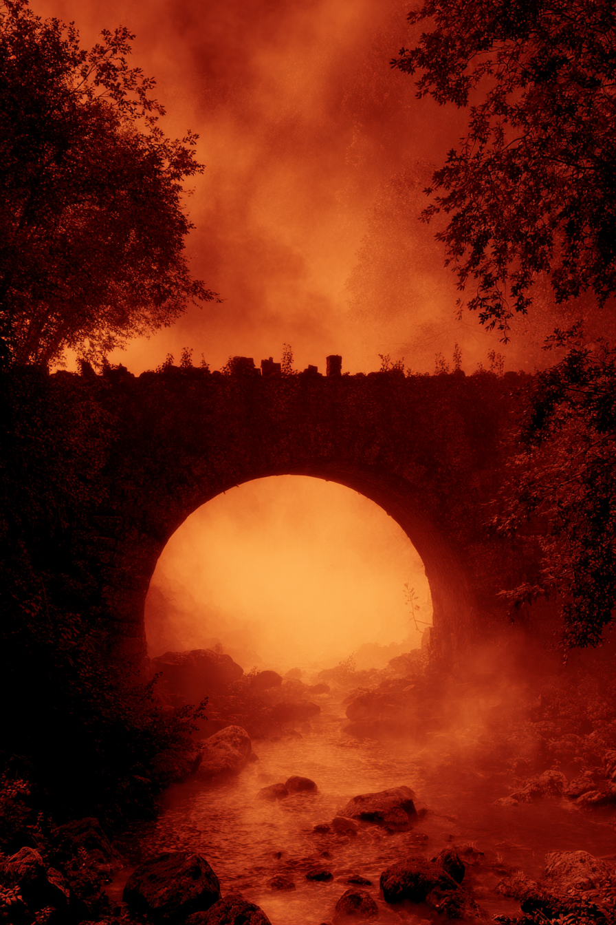 Mystische Brücke Im Feürroten Nebel | Feuer und Vulkane | Natur