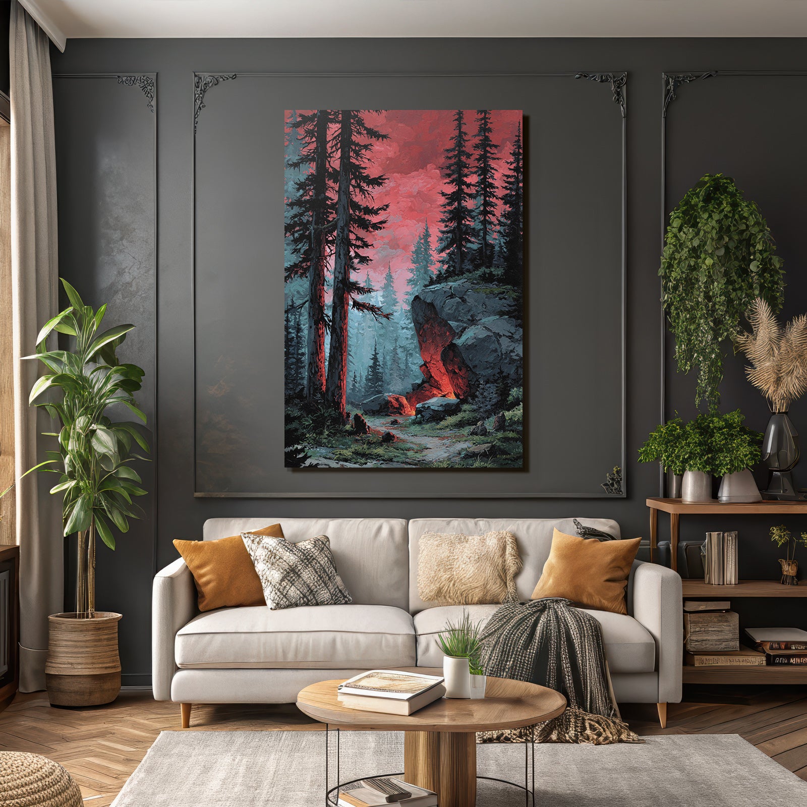 Mystische Waldlandschaft Mit Rotem Himmel Und Felsformationen