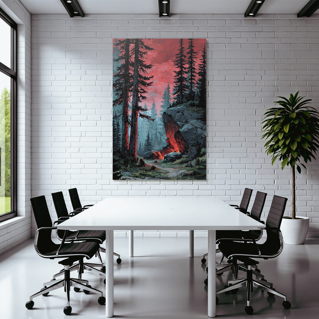 Mystische Waldlandschaft Mit Rotem Himmel Und Felsformationen