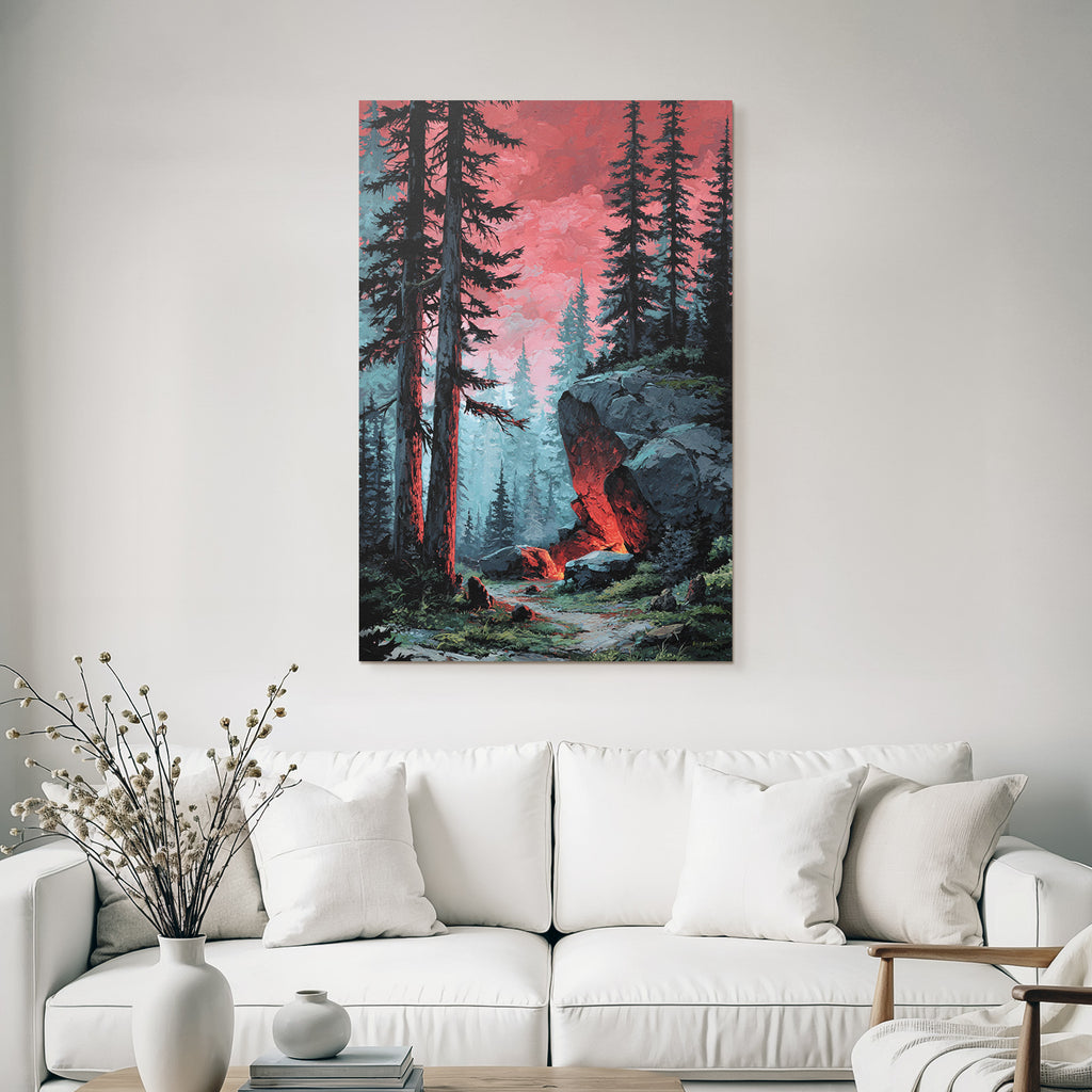 Mystische Waldlandschaft Mit Rotem Himmel Und Felsformationen