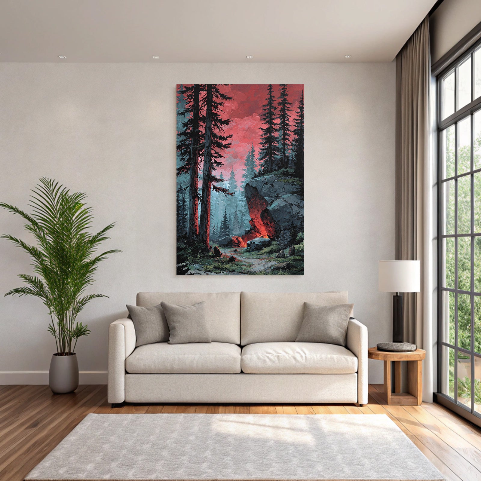 Mystische Waldlandschaft Mit Rotem Himmel Und Felsformationen