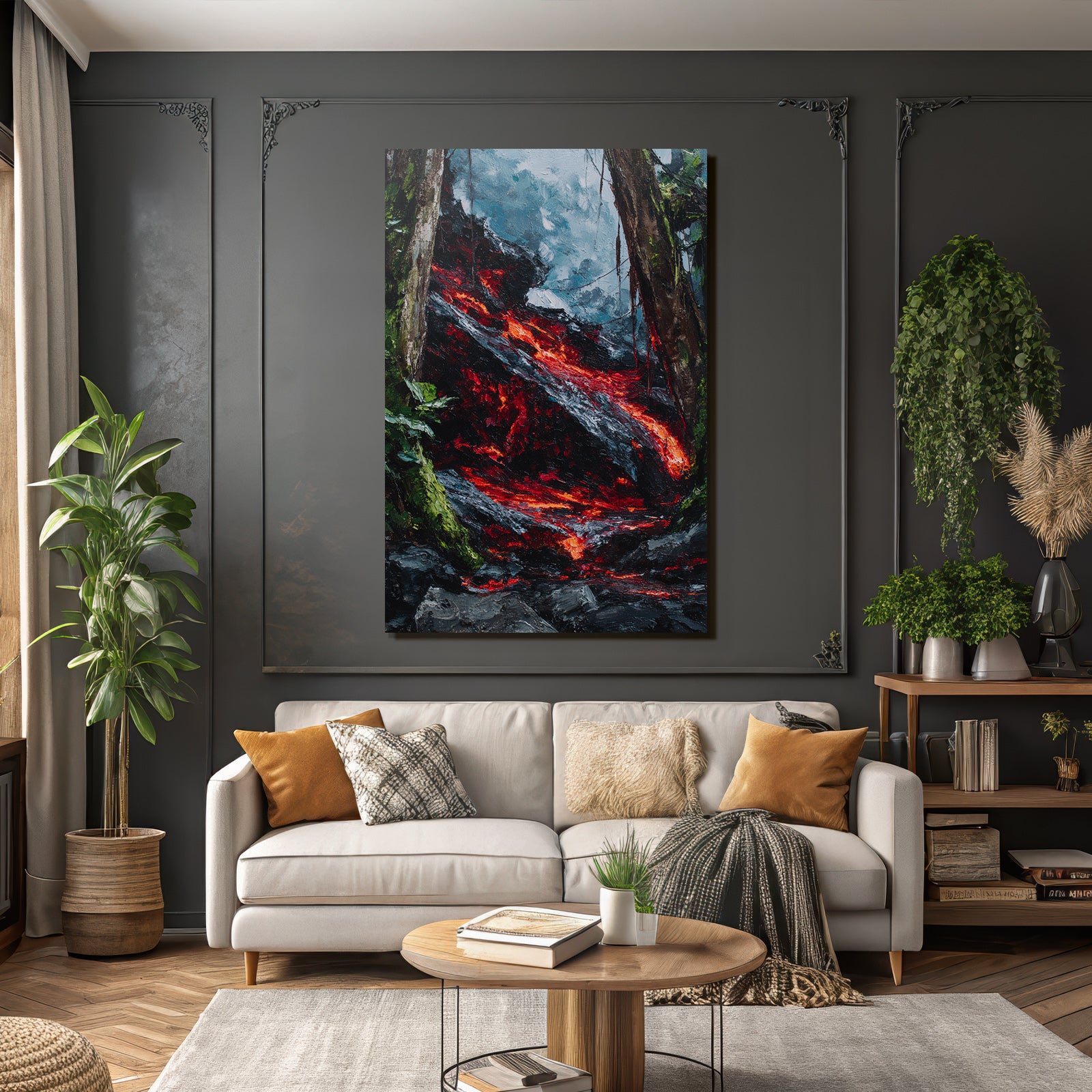 Schmelzende Lava Fliesst Durch Felslandschaft Mit Tropischer Vegetation