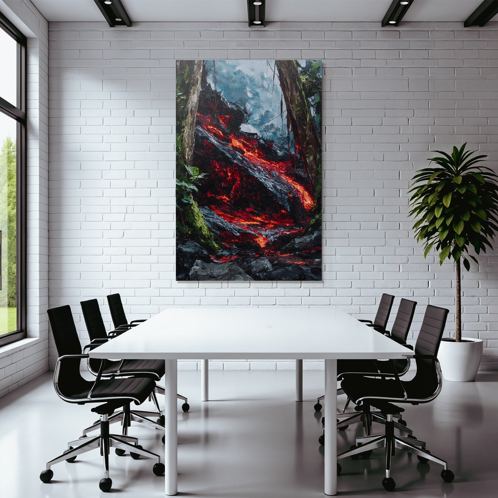Schmelzende Lava Fliesst Durch Felslandschaft Mit Tropischer Vegetation