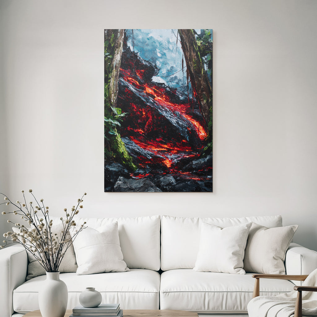 Schmelzende Lava Fliesst Durch Felslandschaft Mit Tropischer Vegetation