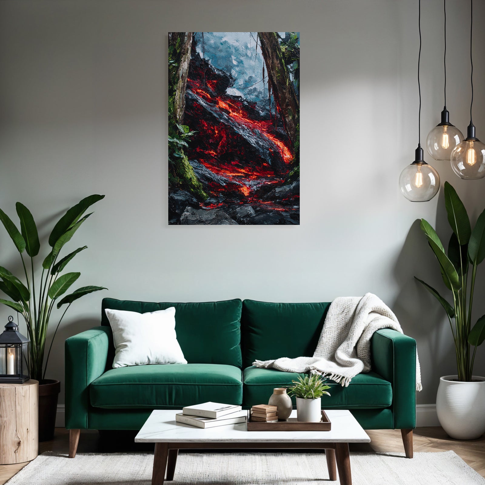 Schmelzende Lava Fliesst Durch Felslandschaft Mit Tropischer Vegetation