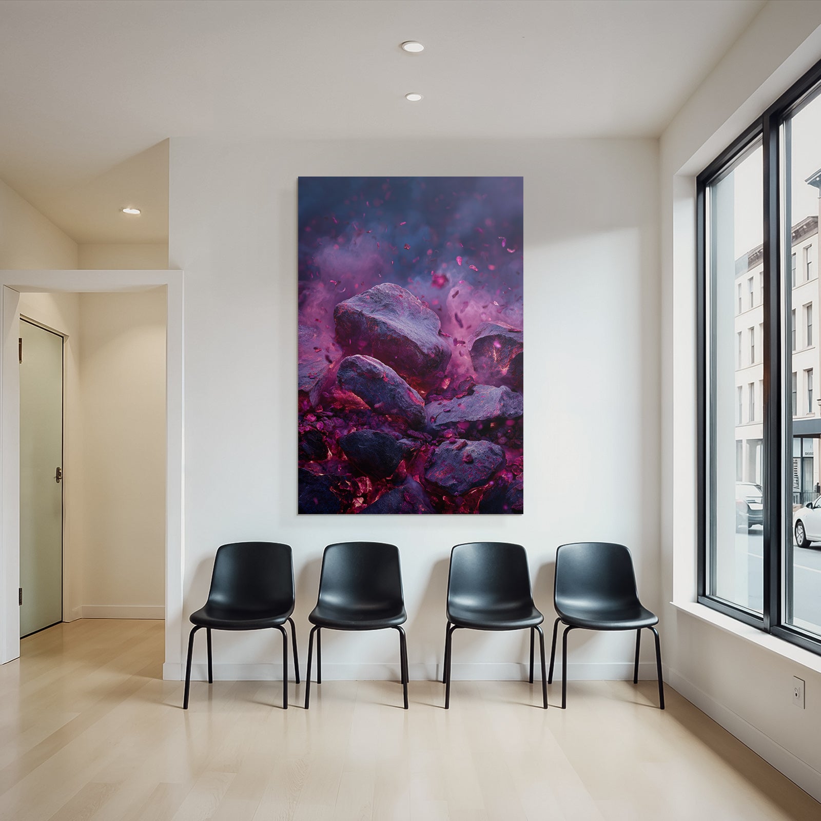 Surreale Abstrakte Szene Mit Felsen Und Rauchschwaden In Violetten Und Roten Tönen