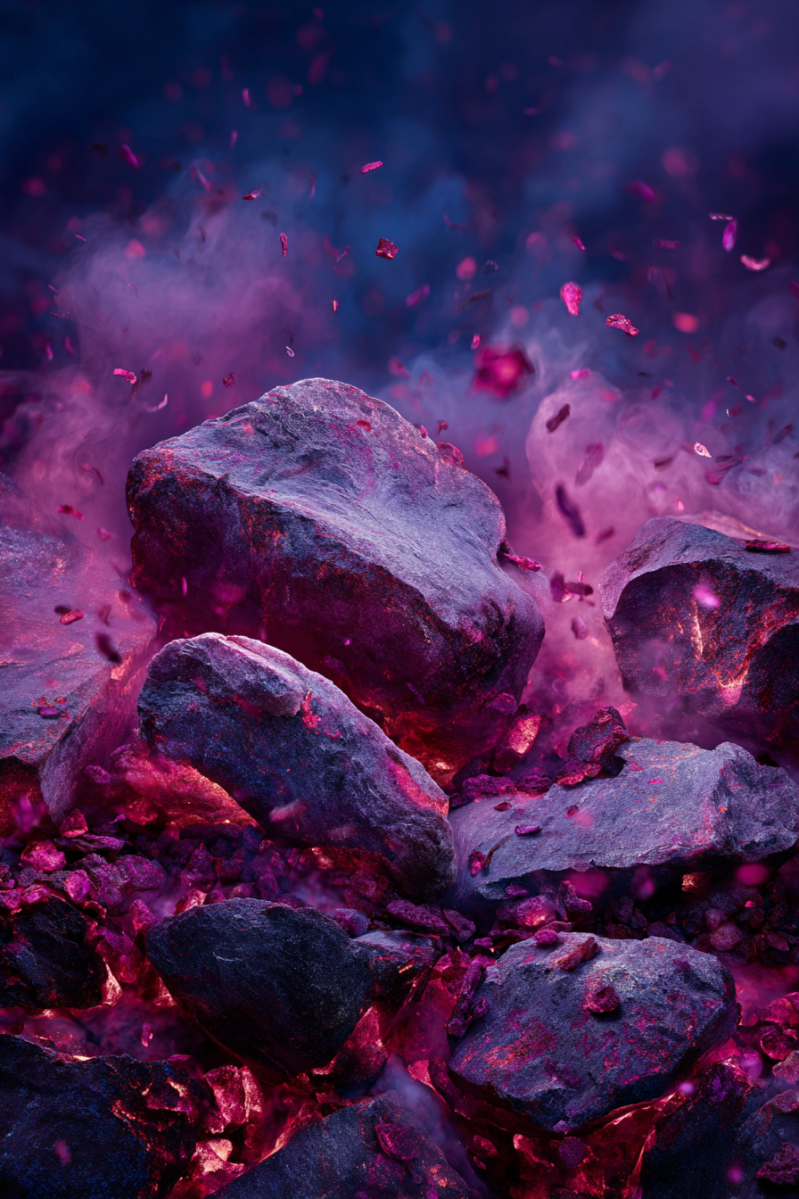 Surreale Abstrakte Szene Mit Felsen Und Rauchschwaden In Violetten Und Roten Tönen | Feuer und Vulkane | Natur