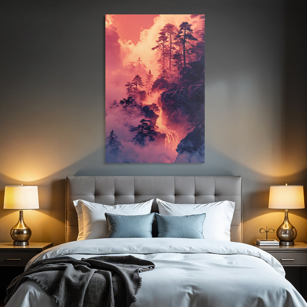 Surreale Vulkanlandschaft Mit Bäumen Und Lava