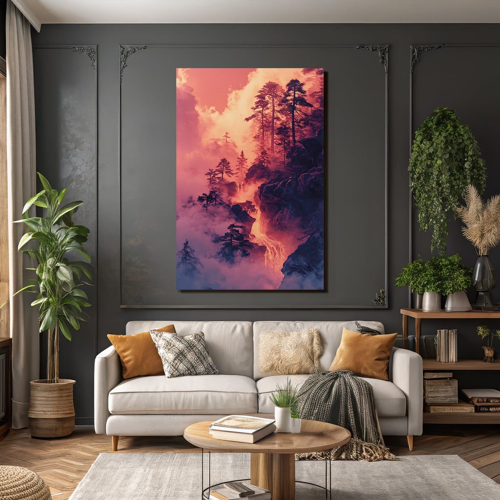 Surreale Vulkanlandschaft Mit Bäumen Und Lava