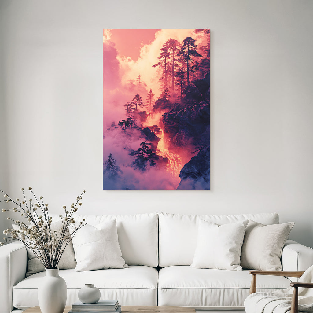 Surreale Vulkanlandschaft Mit Bäumen Und Lava