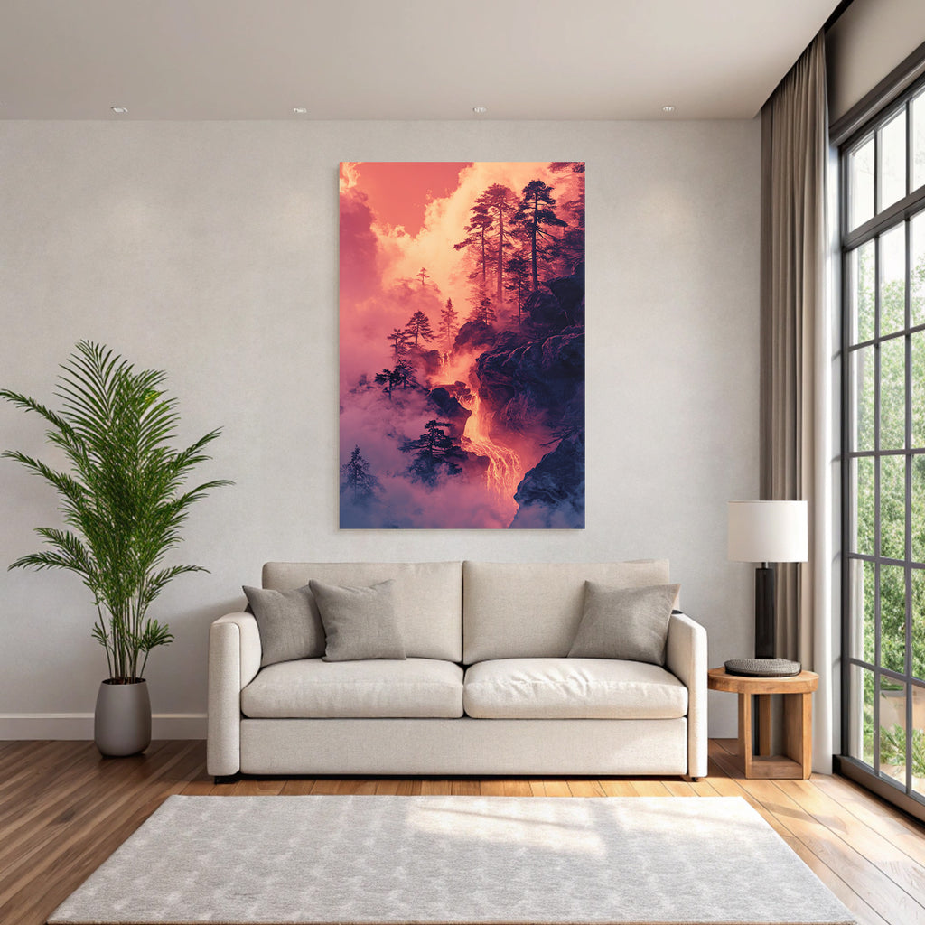 Surreale Vulkanlandschaft Mit Bäumen Und Lava