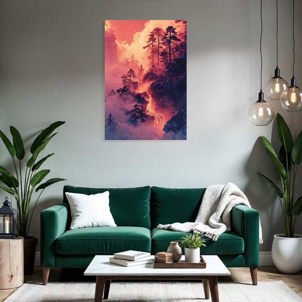 Surreale Vulkanlandschaft Mit Bäumen Und Lava