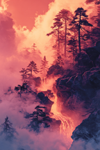 Surreale Vulkanlandschaft Mit Bäumen Und Lava | Feuer und Vulkane | Natur