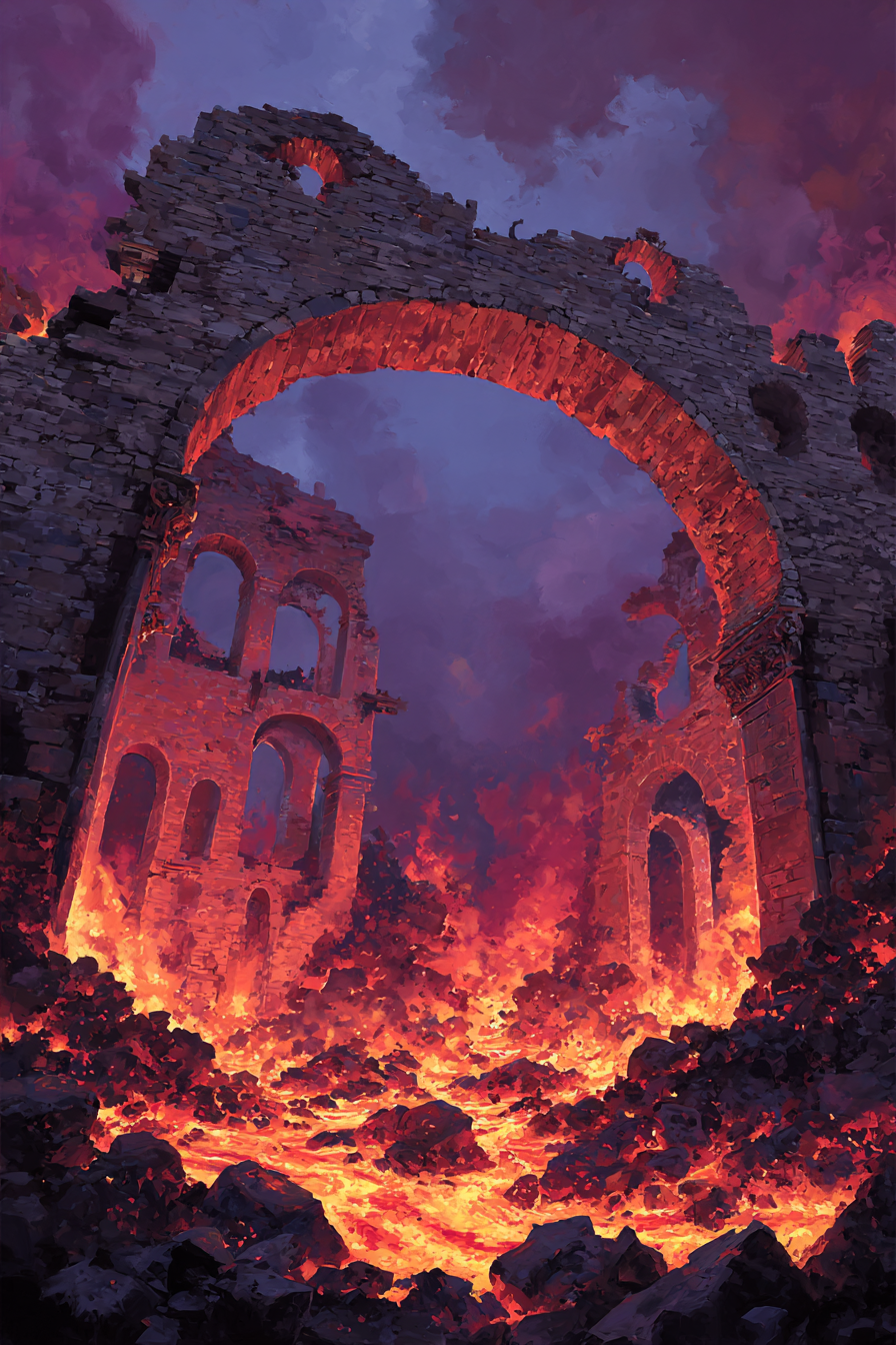 Verfallene Bogenruine Umgeben Von Lava Und Flammen | Feuer und Vulkane | Natur