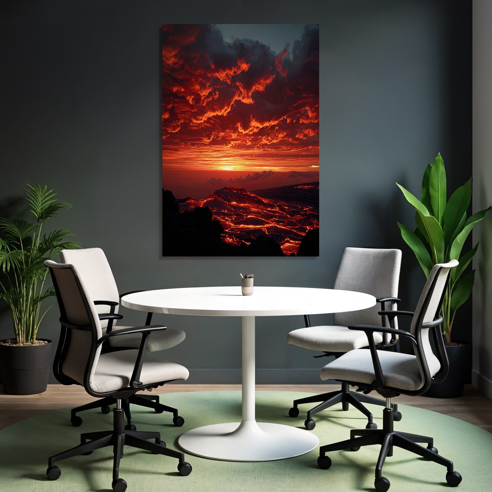 Vulkanlandschaft Bei Sonnenuntergang Mit Fliessender Lava