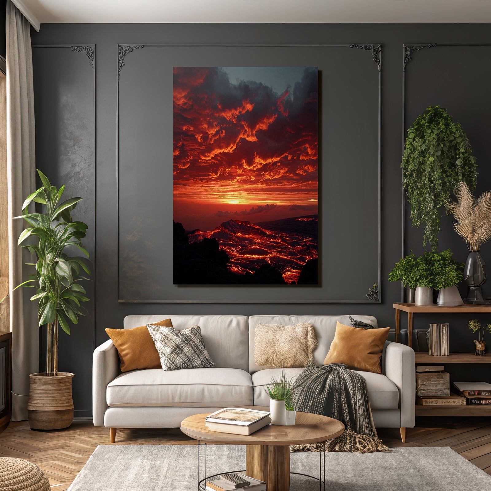 Vulkanlandschaft Bei Sonnenuntergang Mit Fliessender Lava